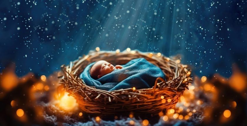 Un bébé dans un nid de paille éclairé par de la lumière