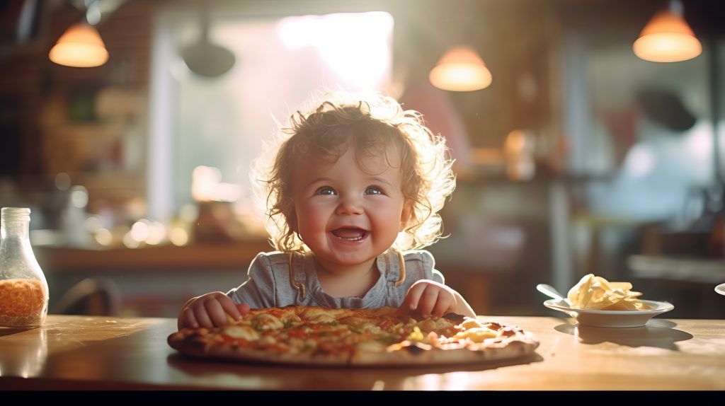 un enfant devant une pizza