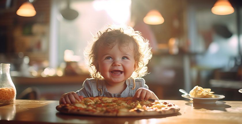 un enfant devant une pizza