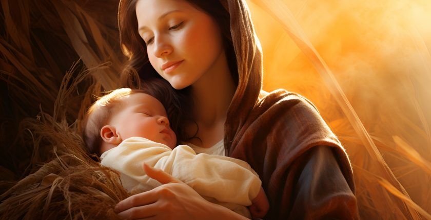 Un bébé dort dans les bras de Marie