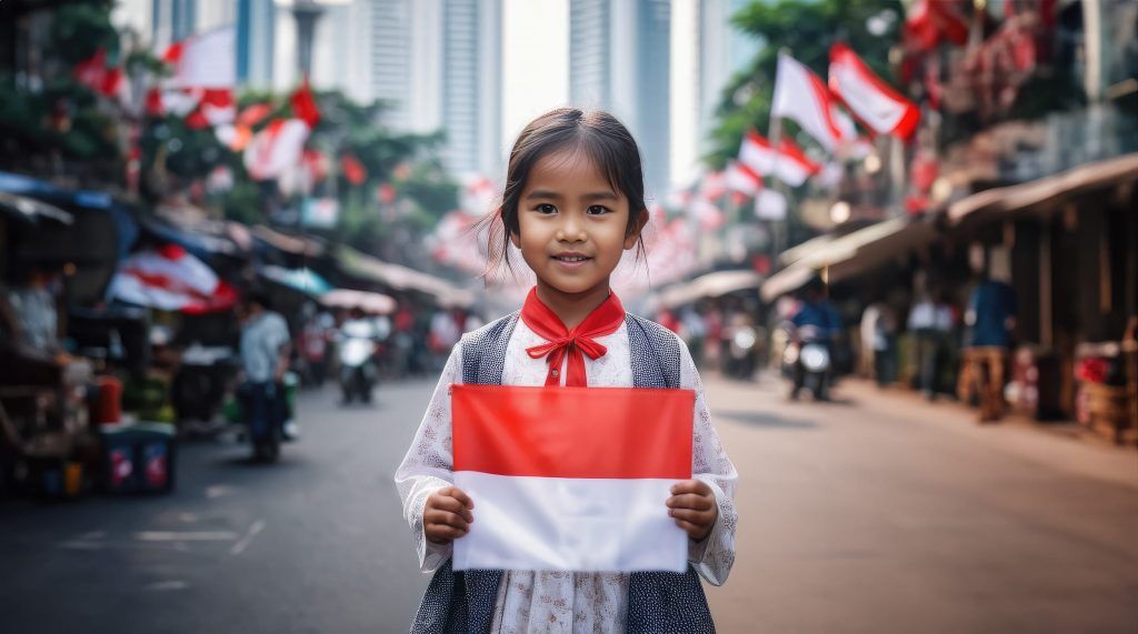 Une petite fille indonésienne porte le drapeau de son pays